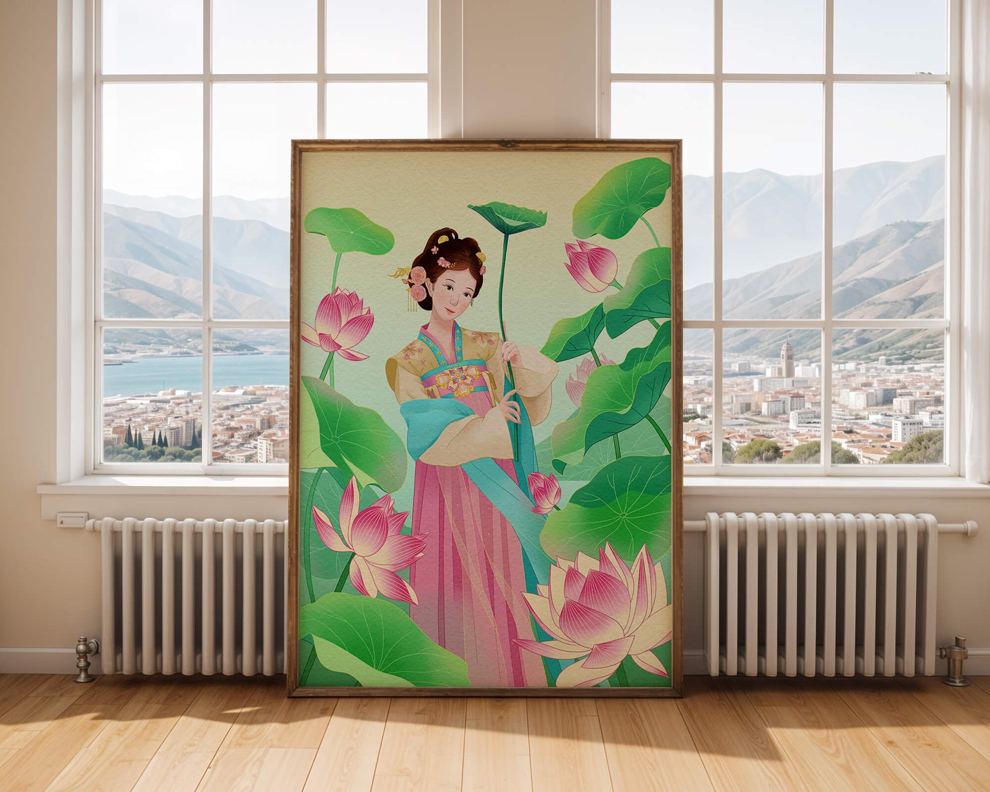 Traditional Asian woman in a garden surrounded by lotus flowers and green leaves