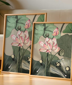 Illustrated lotus with playful cartoon bees in a serene garden
