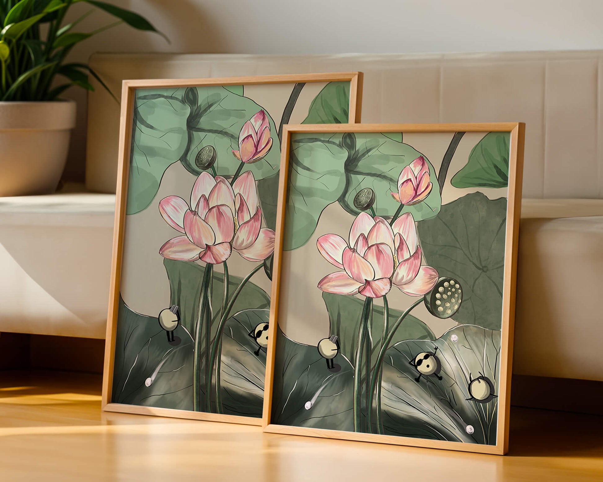 Illustrated lotus with playful cartoon bees in a serene garden
