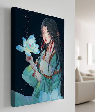Elegant Woman Holding Glowing Lotus in Tranquil Nightscape