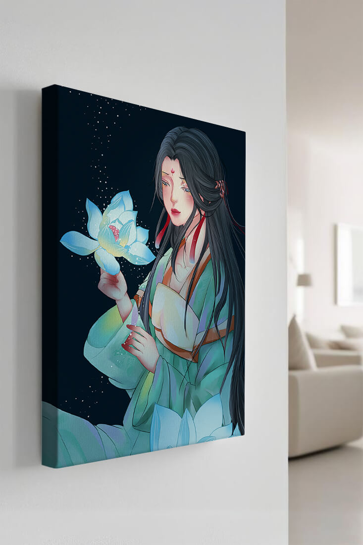 Elegant Woman Holding Glowing Lotus in Tranquil Nightscape