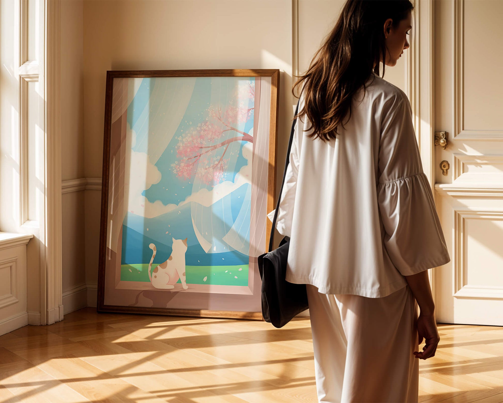 Serene scene with cat gazing out at cherry blossoms through window