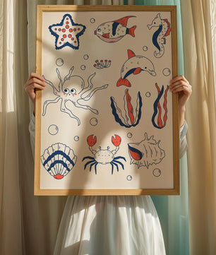 Colorful marine life illustration featuring sea creatures on a dark background
