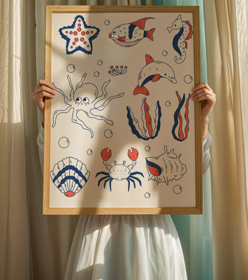 Colorful marine life illustration featuring sea creatures on a dark background