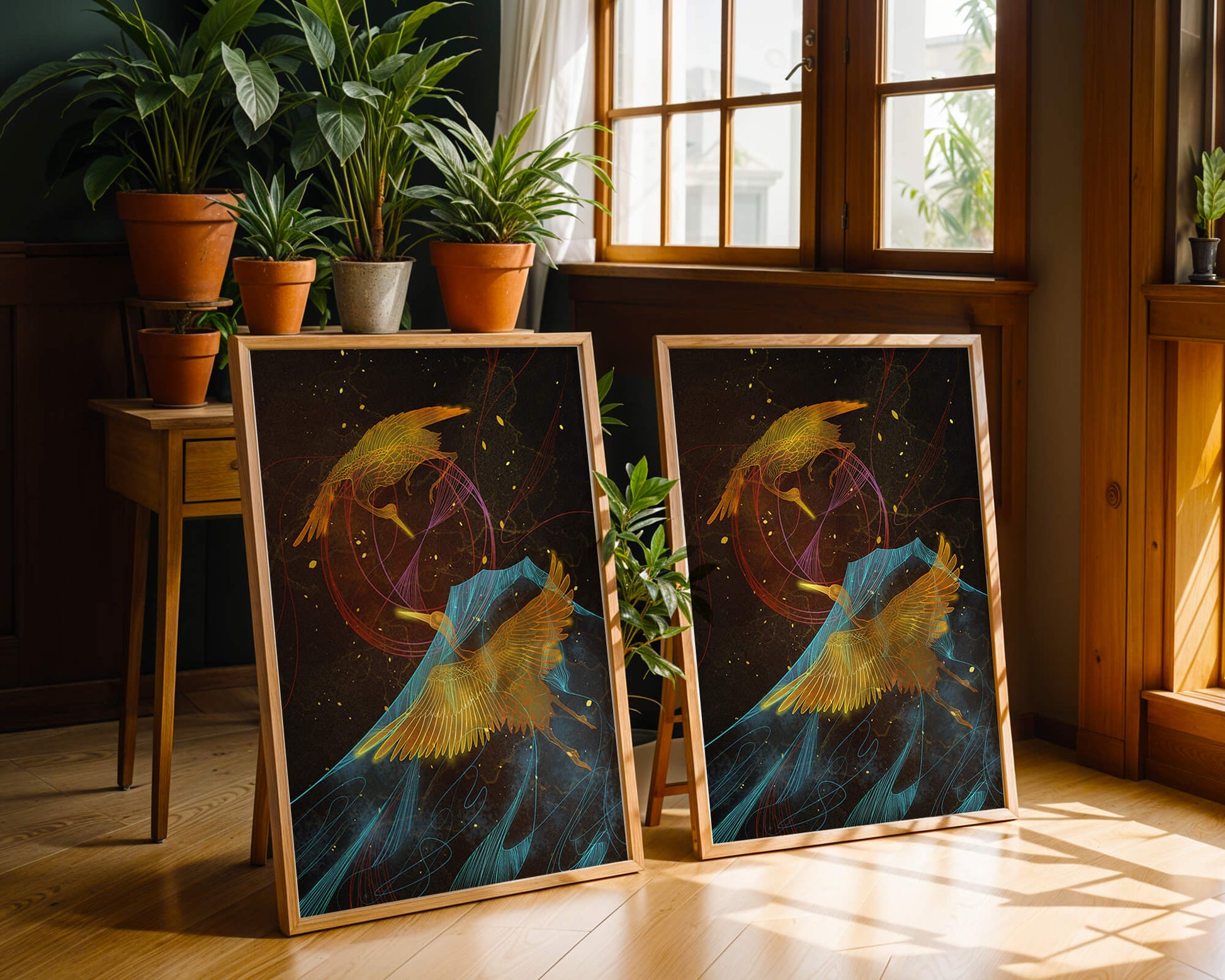 Elegant Cranes in Cosmic Dance with Golden and Blue Accents