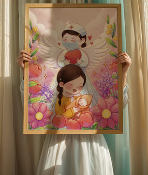 Escena ilustrada de un ángel de la salud con un niño y flores
