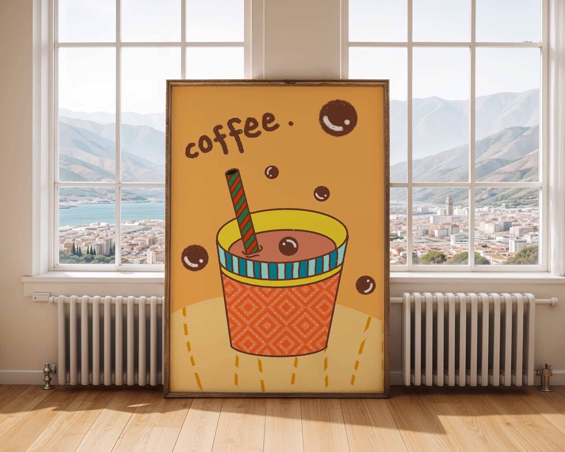 Colorful coffee cup illustration with bubbles and straw