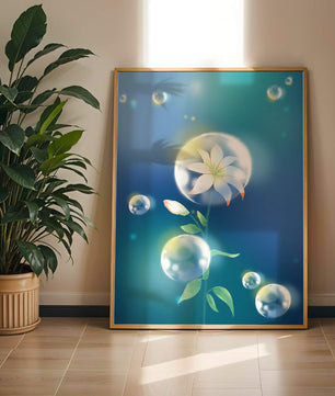 Zarte Blume in transparenten Blasen auf einem verträumten blauen Hintergrund