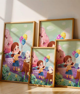Charming Landscape with Girl Holding Balloons and White Bunny in Enchanted Forest