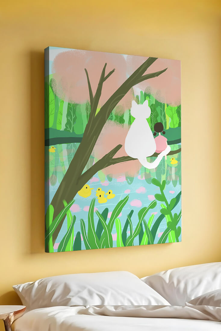 Charming Pastel Illustration of Girl and Cat by a Tranquil Pond