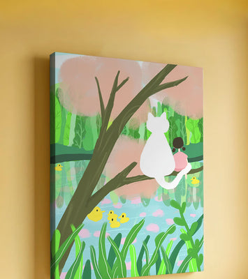 Charming Pastel Illustration of Girl and Cat by a Tranquil Pond