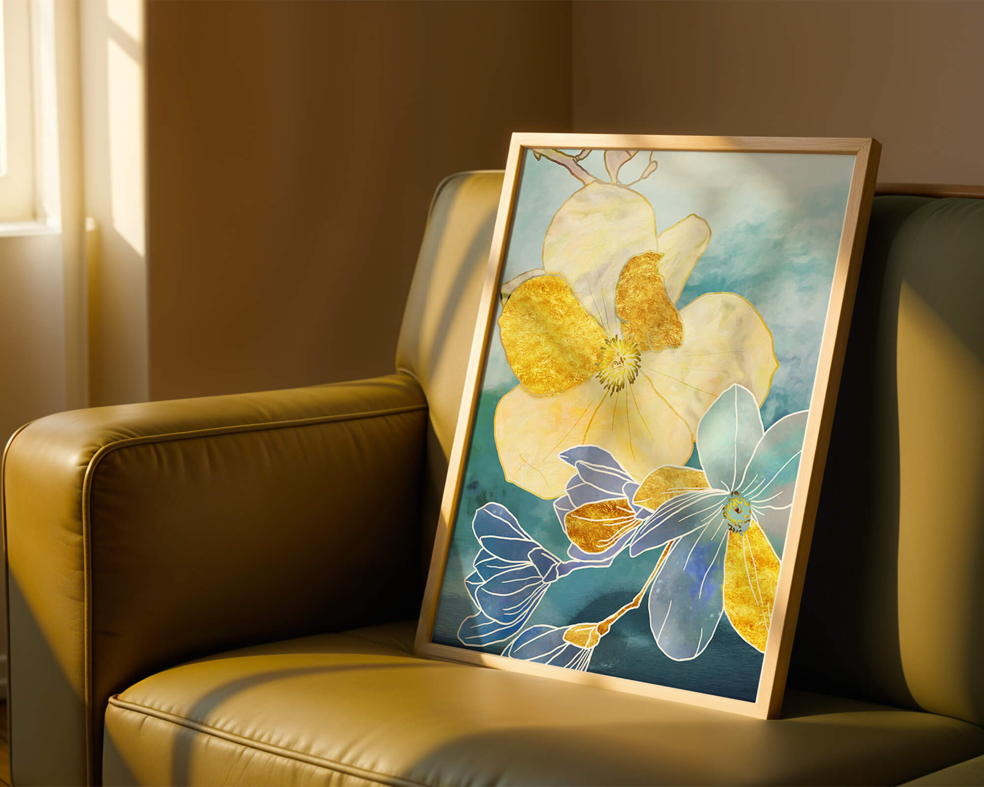 Arte floral abstracto con detalles dorados y tonos azules