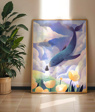 Paisaje surrealista con una ballena gigante y elementos caprichosos