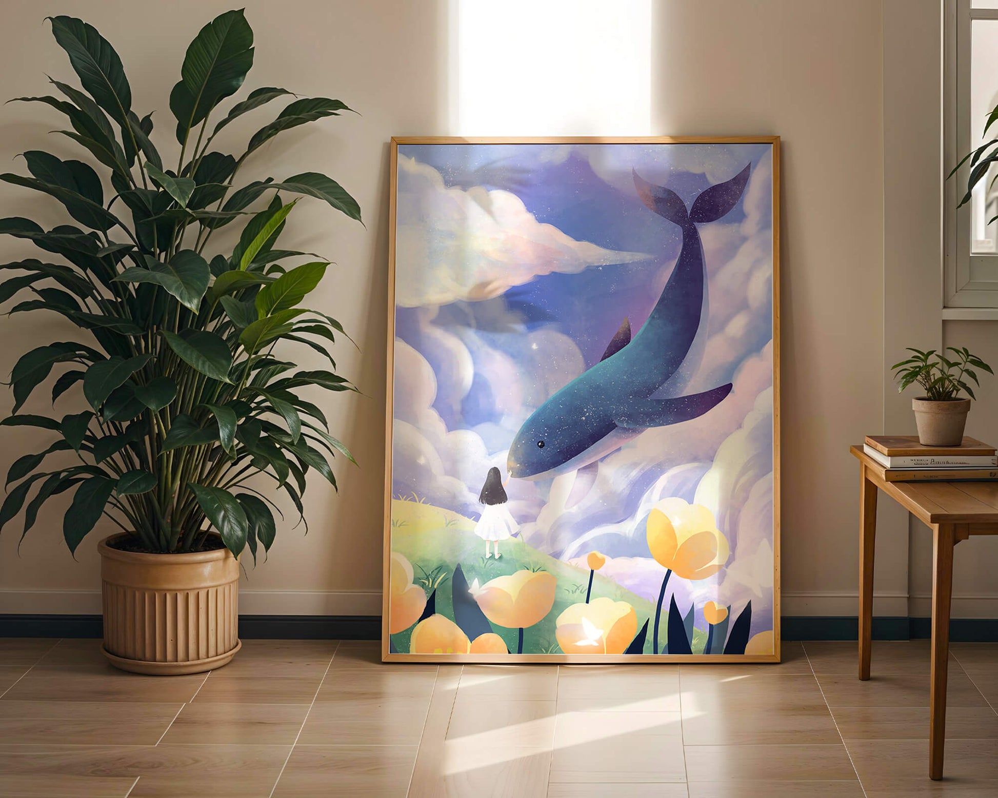 Paisaje surrealista con una ballena gigante y elementos caprichosos