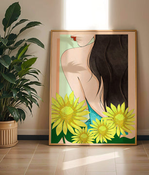 Ilustración de una mujer elegante con girasoles y cabello largo y oscuro