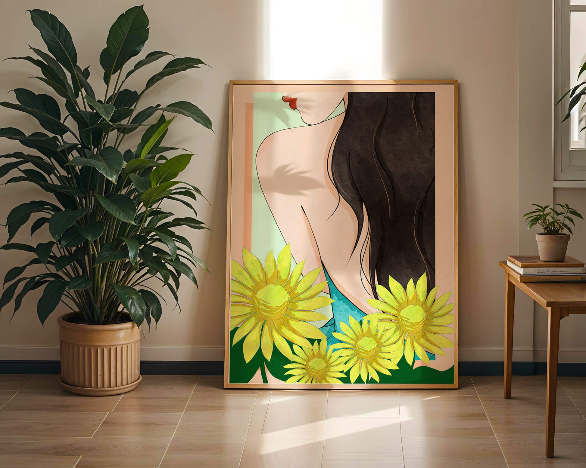 Ilustración de una mujer elegante con girasoles y cabello largo y oscuro