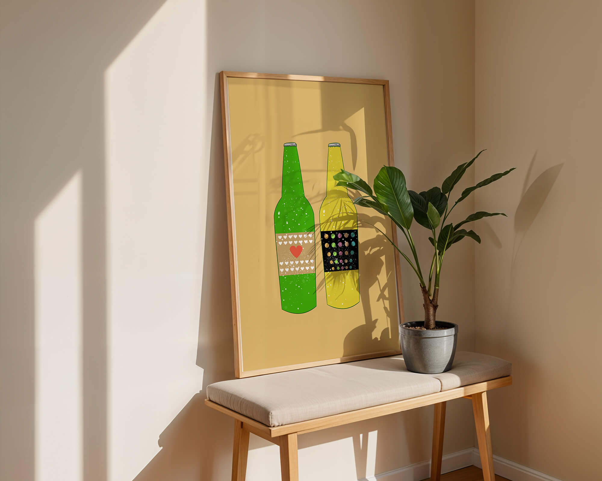 Illustration of colorful beer bottles with artistic labels