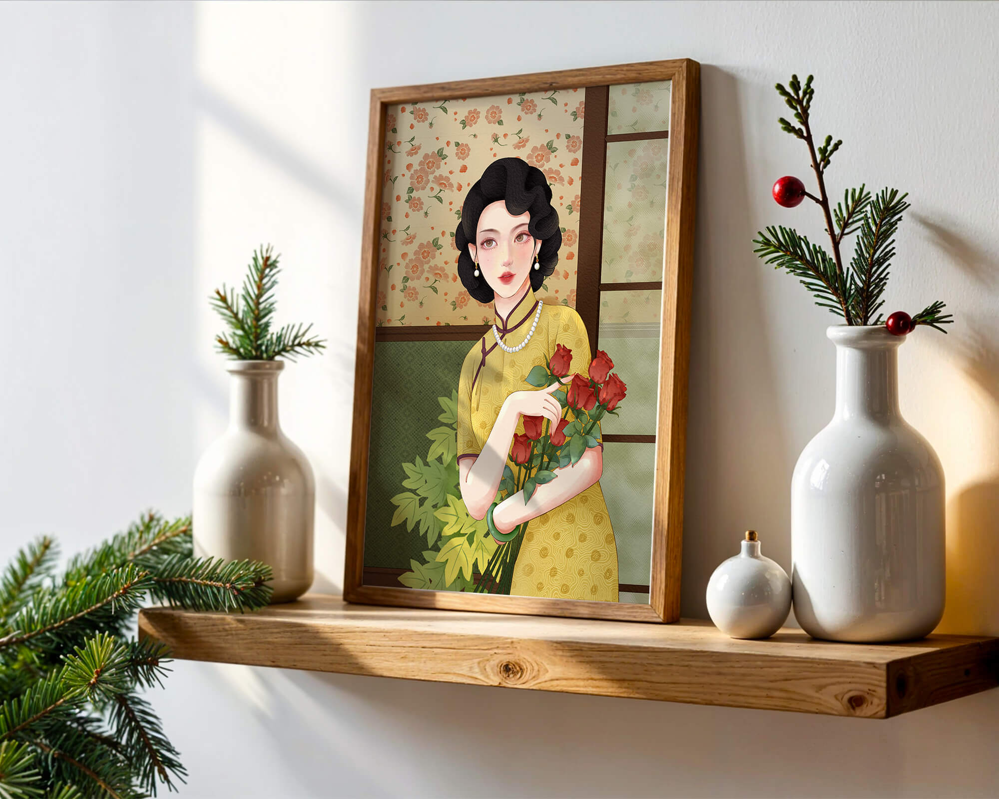 Elegant woman with floral backdrop holding a bouquet