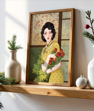 Mujer elegante con fondo floral sosteniendo un ramo