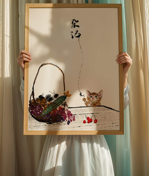 Juguetón gatito con frutas y arte de caligrafía