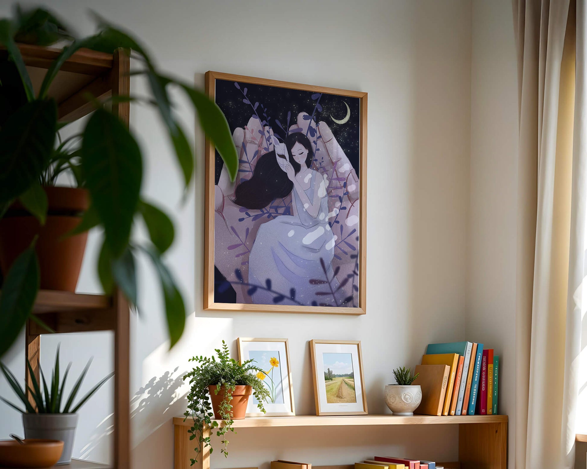 Un momento tierno bajo la luz de la luna con máscara y atmósfera onírica