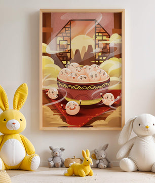 Dumplings de dibujos animados encantadores en un cuenco decorativo en medio de la niebla