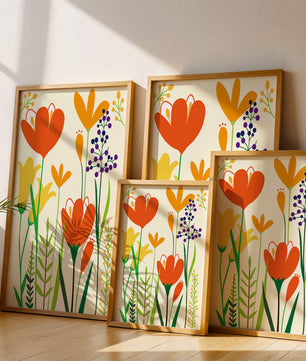 Bright Floral Illustration with Orange, Yellow, and Purple Flowers in Bold Colors
