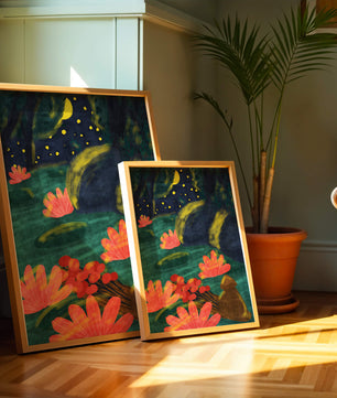 Mystical night garden with bright flowers and starlit sky