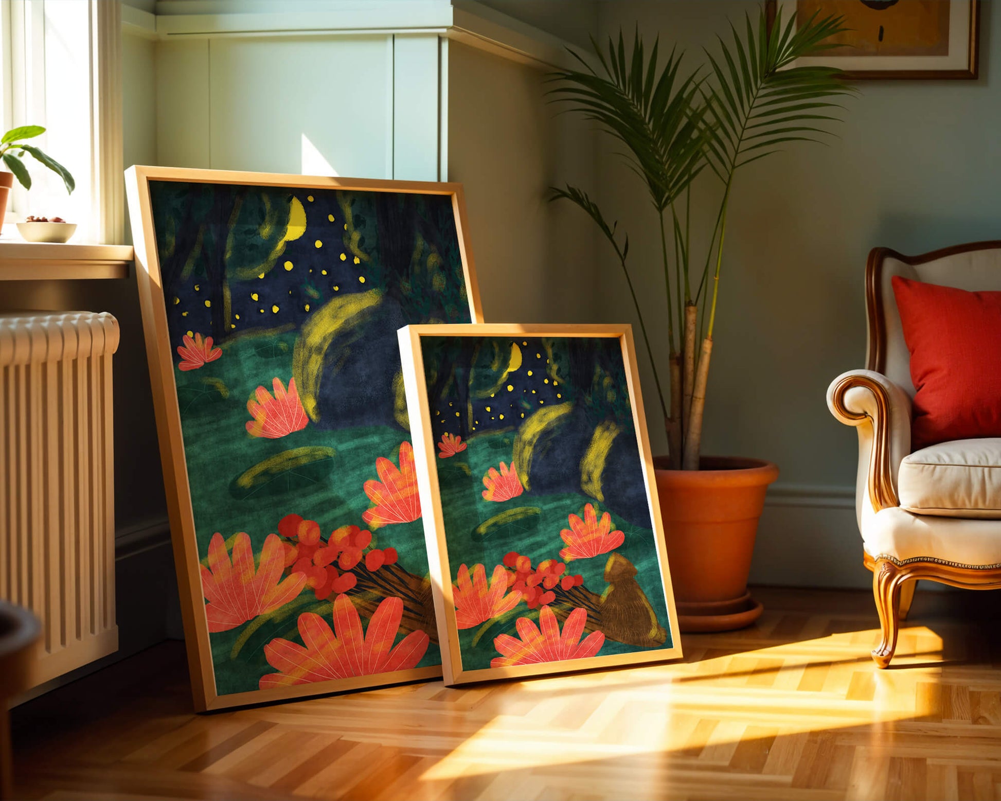 Mystical night garden with bright flowers and starlit sky