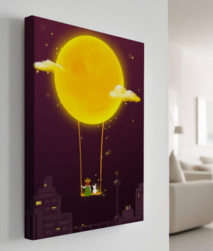 Whimsical night scene with a girl and a rabbit on a swing beneath a glowing moon