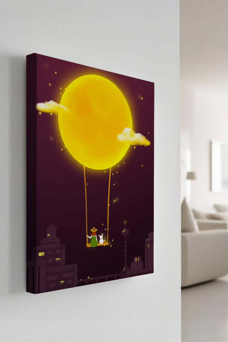 Whimsical night scene with a girl and a rabbit on a swing beneath a glowing moon
