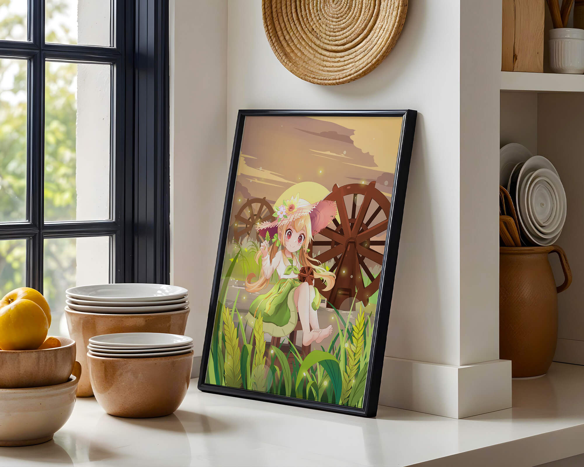 Enchanted countryside scene with a cute character and vibrant nature
