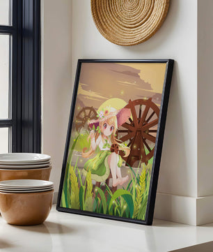 Enchanted countryside scene with a cute character and vibrant nature