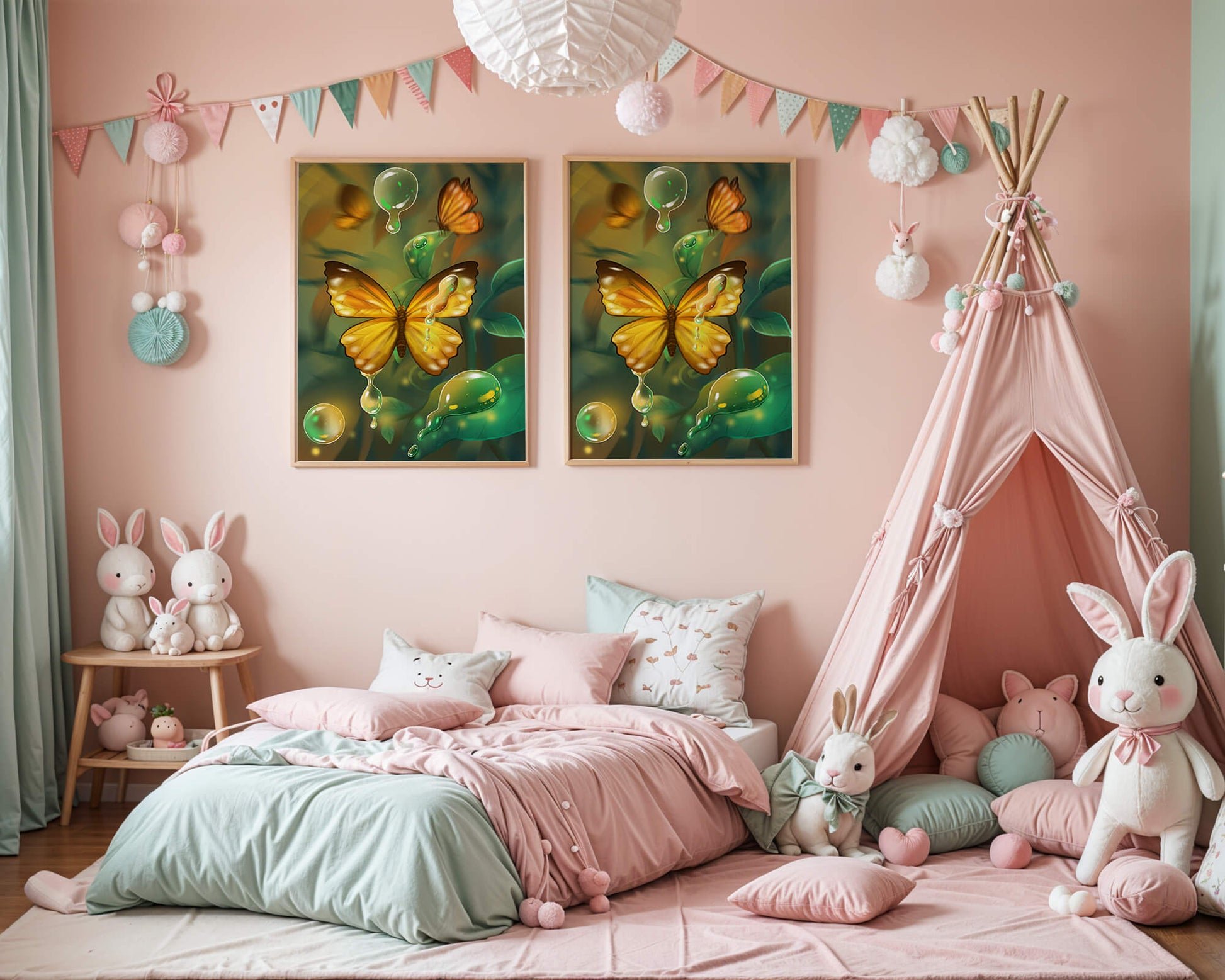 Butterflies Among Dewdrops in a Serene Forest Setting