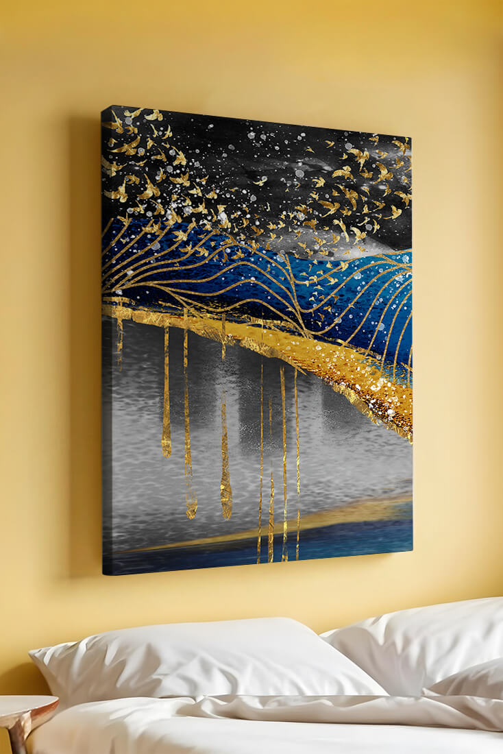 Abstract Night Sky With Golden Birds And Waves