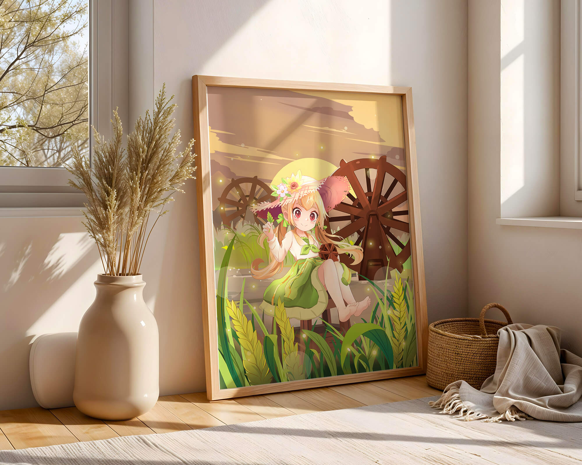 Enchanted countryside scene with a cute character and vibrant nature