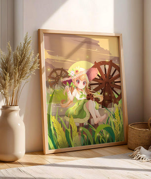 Enchanted countryside scene with a cute character and vibrant nature