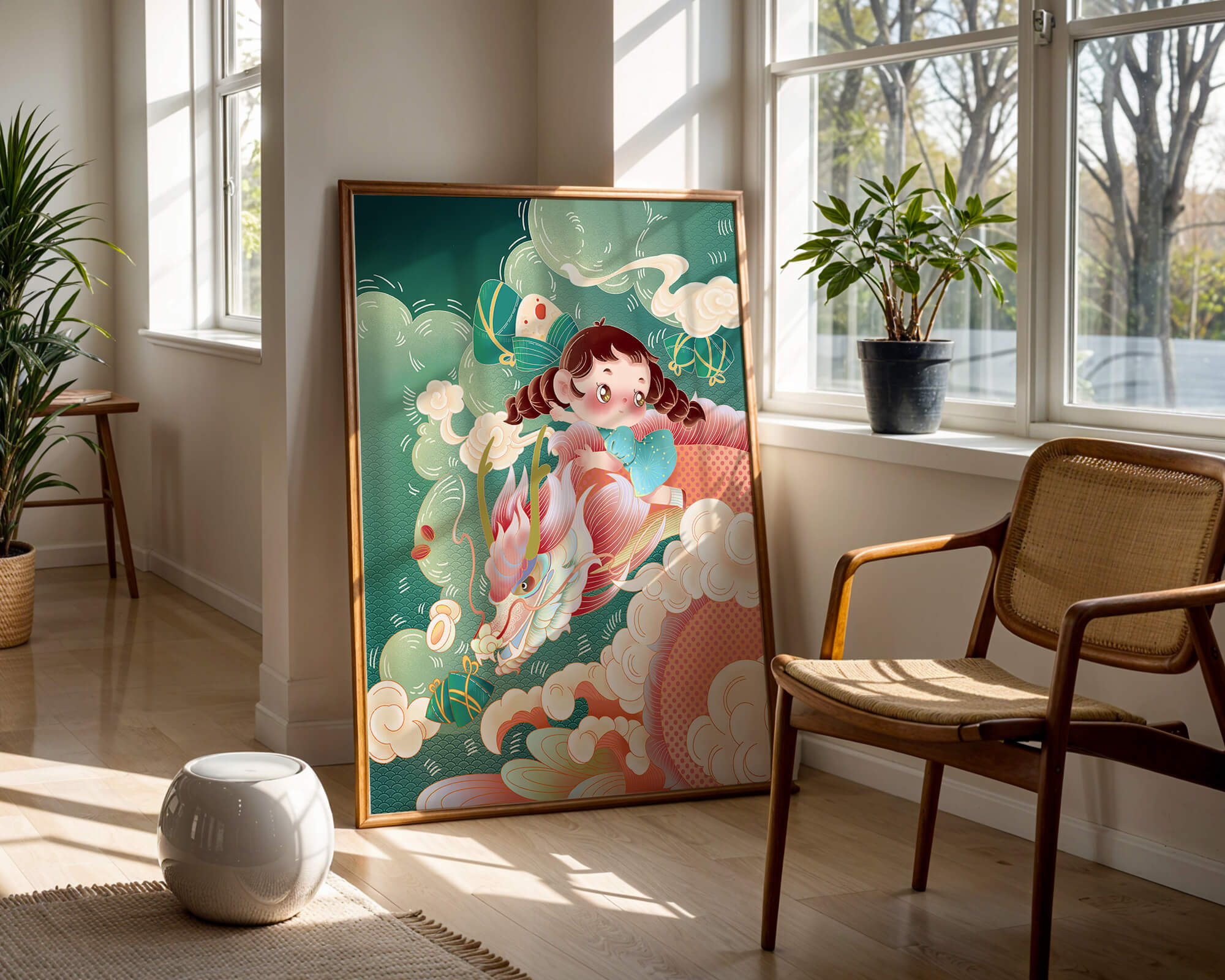 Whimsical scene of a girl riding a dragon through clouds