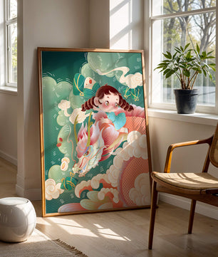 Whimsical scene of a girl riding a dragon through clouds