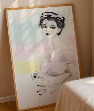 Elegant Woman in Vintage Fashion with Veil Hat and Pastel Background - Mi tienda