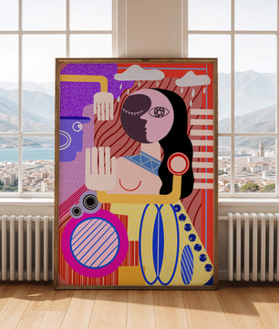 Abstrakte geometrische Kunst mit einer weiblichen Figur in leuchtenden Farben