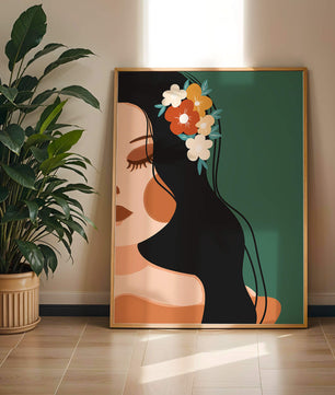 Elegante Illustration einer Frau mit floralem Haarteil