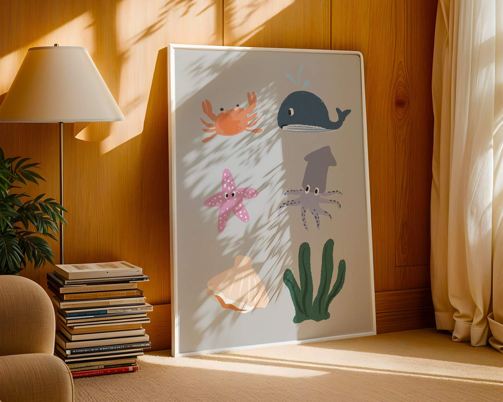 Illustration of whimsical sea creatures and marine elements on a grey background