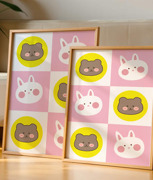 Diseño de patrones de animales juguetones con caras de osos y conejos en colores pastel