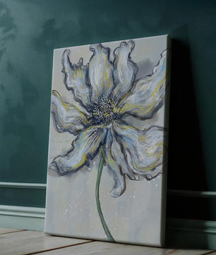 Elegant blue and green abstract floral artwork with flowing lines