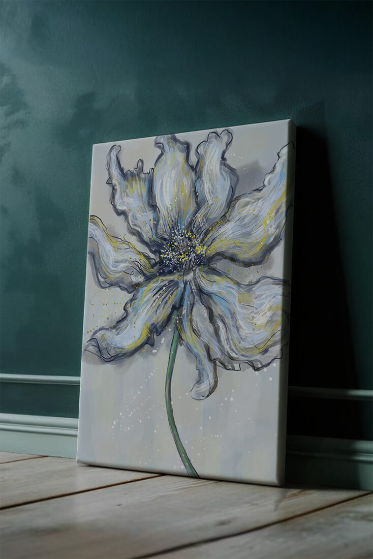 Elegant blue and green abstract floral artwork with flowing lines