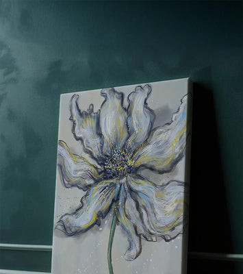 Elegant blue and green abstract floral artwork with flowing lines