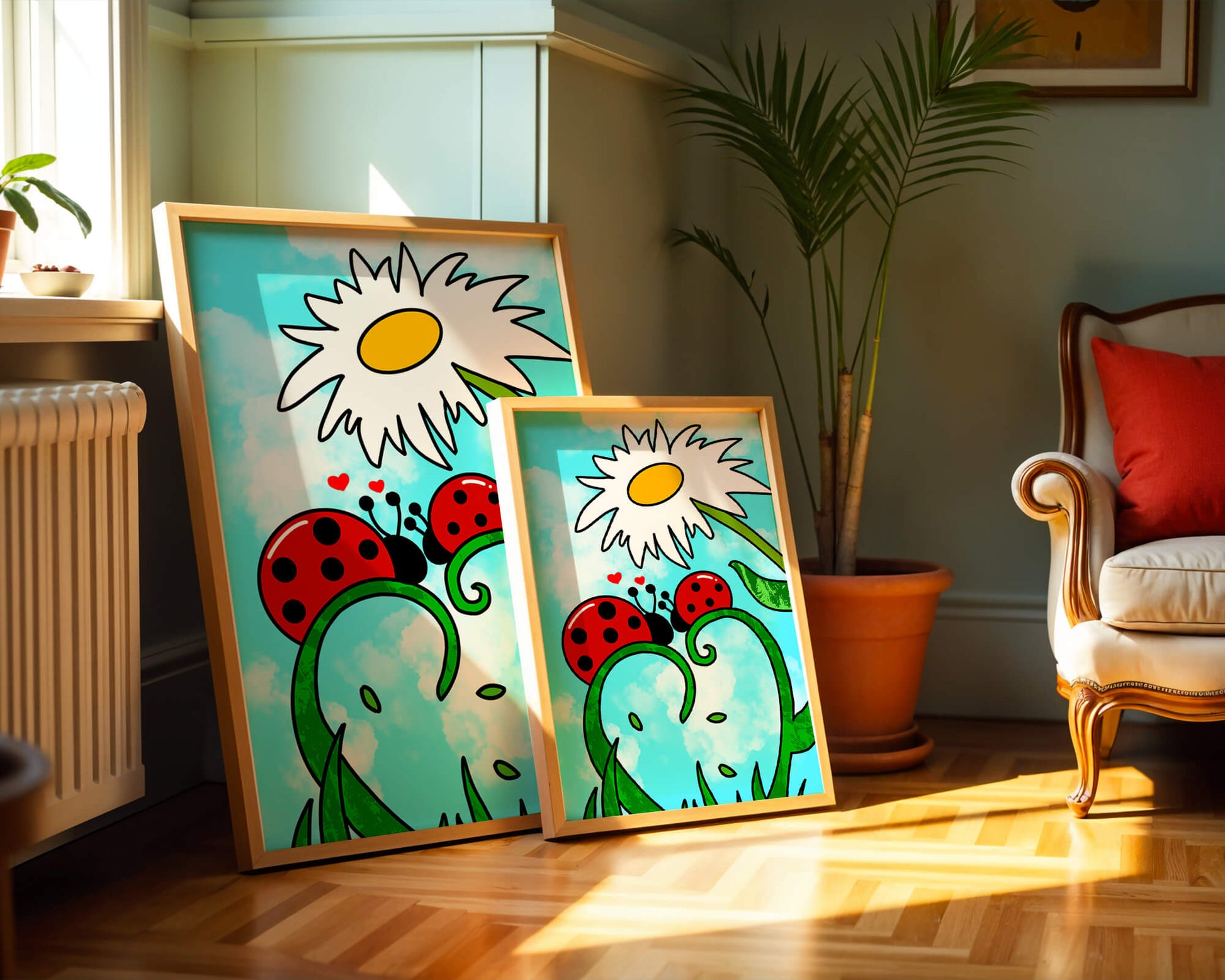 Ladybugs in love beneath a daisy on a bright sky