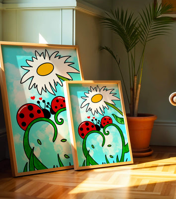 Ladybugs in love beneath a daisy on a bright sky