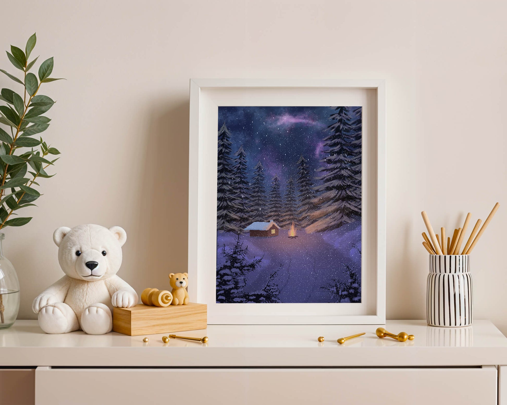 Winter night landscape with snowy cabin and pine forest